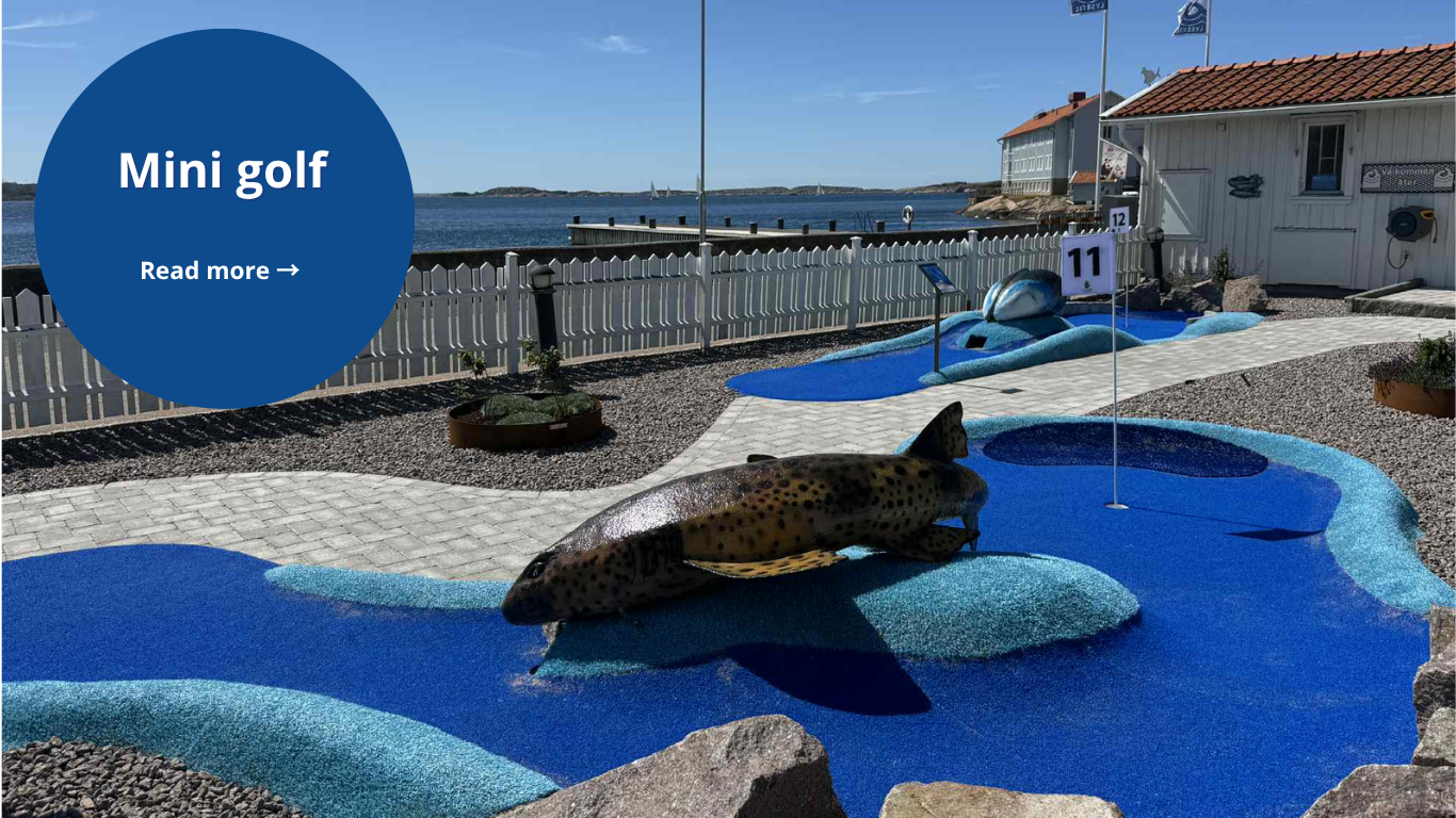 Blue mini golf court with a fish statue