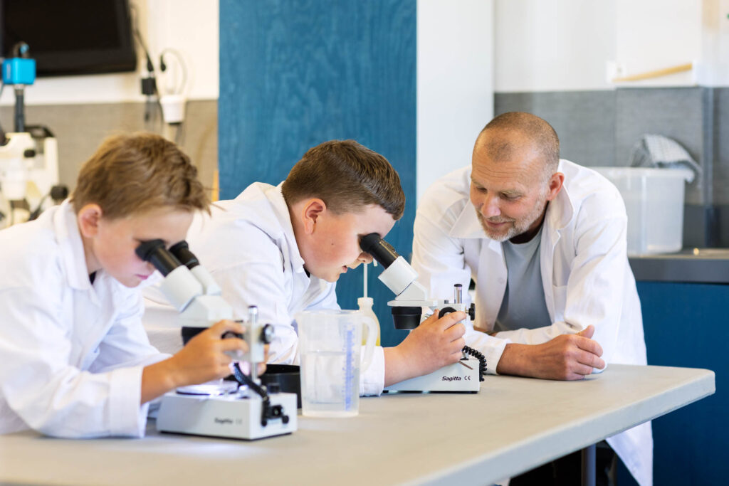 Barn använder mikroskop Children use microscope